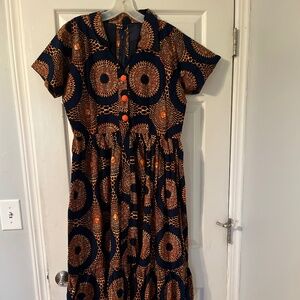 Handmade dress in a beautiful navy and orange African print